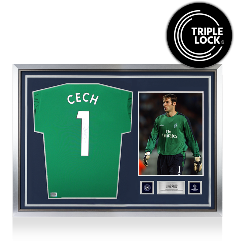 Petr Cech Official UEFA Champions League Back Signed and Hero Framed Adidas Green Goalkeeper Shirt