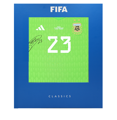 Emiliano Martinez Official FIFA World Cup™ Front Signed Argentina 2022 Goalkeeper Shirt In Deluxe Packaging Emiliano Martinez Official FIFA World Cup™ Front Signed Argentina 2022 Goalkeeper Shirt In Deluxe Packaging