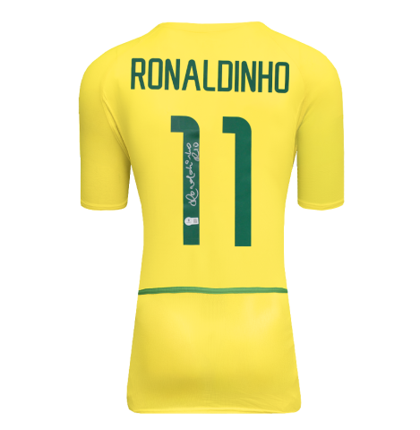Ronaldinho Official FIFA World Cup™ Back Signed Brazil 2002 Home Shirt In Deluxe Packaging Ronaldinho Official FIFA World Cup™ Back Signed Brazil 2002 Home Shirt In Deluxe Packaging