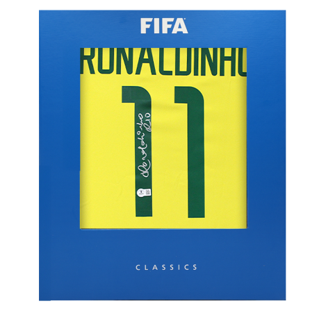 Ronaldinho Official FIFA World Cup™ Back Signed Brazil 2002 Home Shirt In Deluxe Packaging Ronaldinho Official FIFA World Cup™ Back Signed Brazil 2002 Home Shirt In Deluxe Packaging