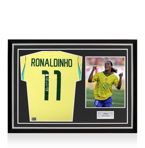 Ronaldinho Back Signed Brazil 2026 Home Shirt In Hero Frame: Option 1