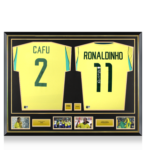 Cafu & Ronaldinho Official FIFA World Cup™ Signed and Dual Framed Brazil Home Shirts