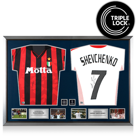 Paolo Maldini & Andriy Shevchenko Official UEFA Champions League Signed and Dual Framed AC Milan Shirts
