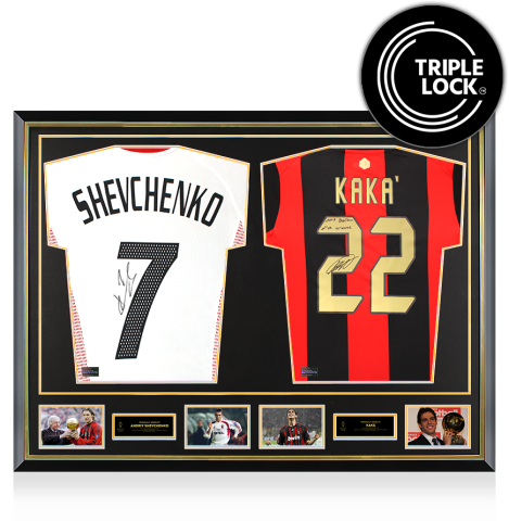 Andriy Shevchenko & Kaka Official Ballon d'Or™ Signed and Dual Framed AC Milan Shirts