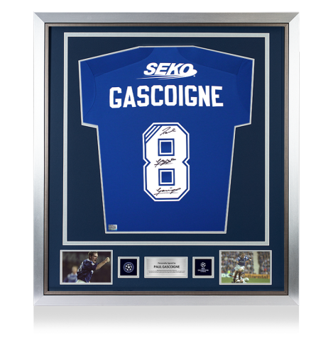 Paul Gascoigne Official UEFA Champions League Back Signed and Framed Rangers 2022-23 Home Shirt