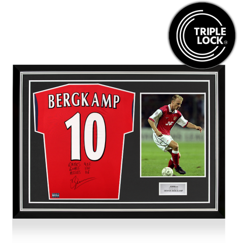 Dennis Bergkamp Back Arsenal 1998-99 Home Shirt - Games 922 - Goals 120 - Assists - 116 Inscription In Hero Frame: Option 1
