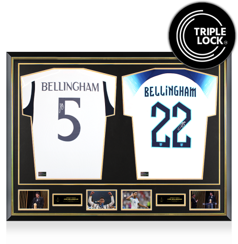 Jude Bellingham Official Ballon d'Or&trade; Signed and Dual Framed Real Madrid and England Shirts: 2023 Kopa Trophy Winner