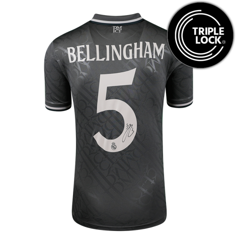 Jude Bellingham Official UEFA Champions League Back Signed Real Madrid 2024-25 Third Shirt In Deluxe Packaging