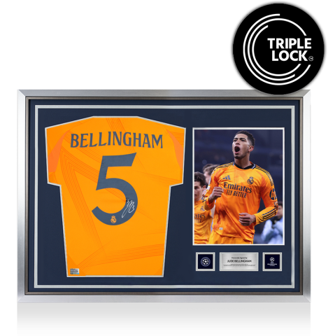 Jude Bellingham Official UEFA Champions League Back Signed and Hero Framed Real Madrid 2024-25 Away Shirt