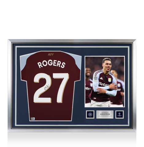 Morgan Rogers Official UEFA Champions League Back Signed and Hero Framed Aston Villa 2025-26 Home Shirt