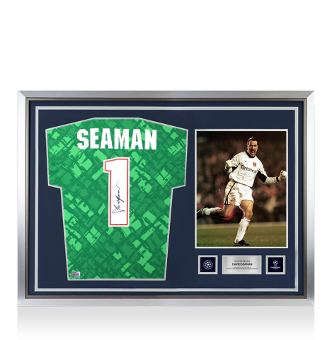 David Seaman Official UEFA Champions League Back Signed and Hero Framed Arsenal Goalkeeper Shirt