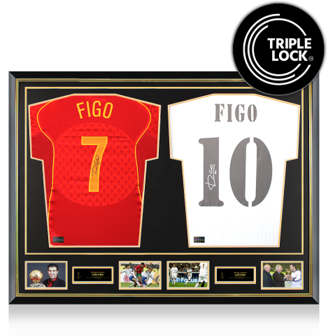 Luis Figo Official Ballon d'Or&trade; Signed and Dual Framed Portugal and Real Madrid Shirts: 2000 Ballon d'Or Winner