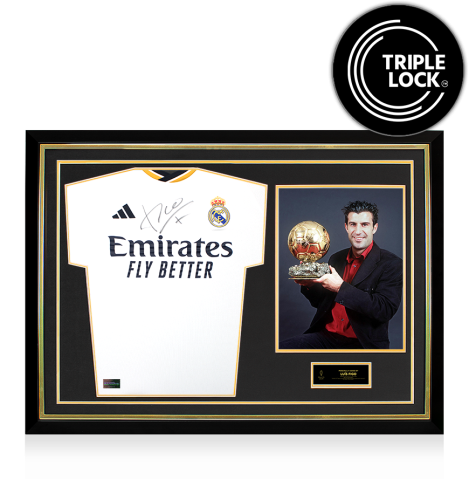 Luis Figo Official Ballon d'Or™ Front Signed and Hero Framed Real Madrid 2023-24 Home Shirt