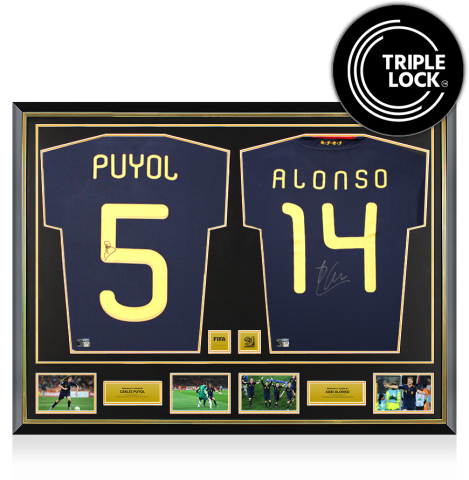 Carles Puyol & Xabi Alonso Official 2010 FIFA World Cup™ Signed and Dual Framed Spain Away Shirts