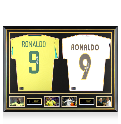 Ronaldo Official Ballon d'Or™ Signed and Dual Framed Brazil and Real Madrid Shirts: 2002 Ballon d'Or Winner