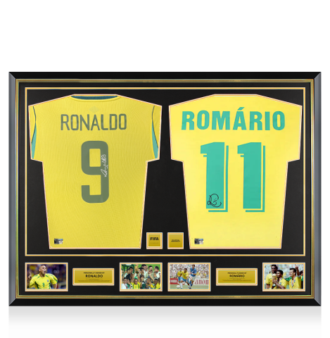 Ronaldo & Romario Official FIFA World Cup™ Signed and Dual Framed Brazil Home Shirts