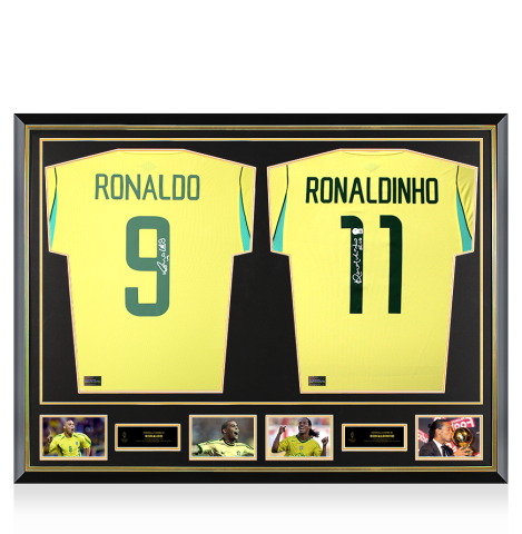 Ronaldo & Ronaldinho Official Ballon d'Or™ Signed and Dual Framed Brazil Shirts