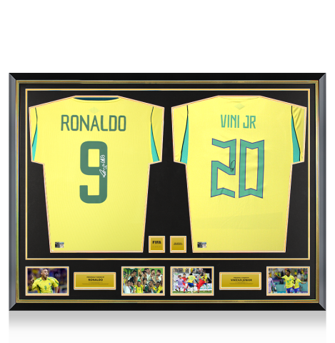 Ronaldo & Vinicius Jr Official FIFA World Cup™ Signed and Dual Framed Brazil Home Shirts