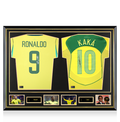 Ronaldo & Kaká Official Ballon d'Or™ Signed and Dual Framed Brazil Shirts
