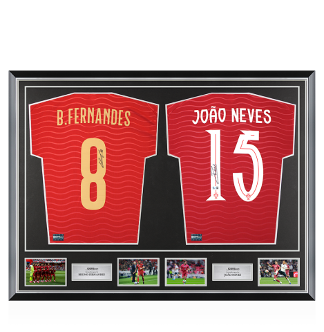 Bruno Fernandes & Joao Neves Signed Portugal Shirts In Classic Dual Frame Bruno Fernandes & Joao Neves Signed Portugal Shirts In Classic Dual Frame