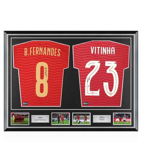 Bruno Fernandes & Vitinha Signed Portugal Shirts In Classic Dual Frame Bruno Fernandes & Vitinha Signed Portugal Shirts In Classic Dual Frame