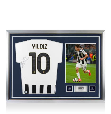 Kenan Yildiz Official UEFA Champions League Back Signed and Hero Framed Juventus 2026-27  Home Shirt