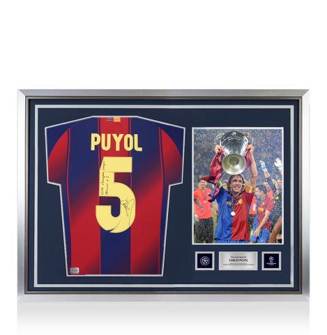 Carles Puyol Official UEFA Champions League Back Signed and Hero Framed FC Barcelona 2025-26 Home Shirt: UEFA Champions League Winner x3 Inscription