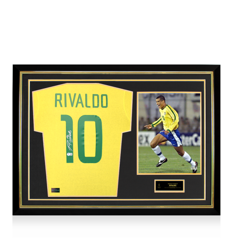 Rivaldo Official Ballon d'Or™ Back Signed and Hero Framed Brazil 1970 Retro Home Shirt