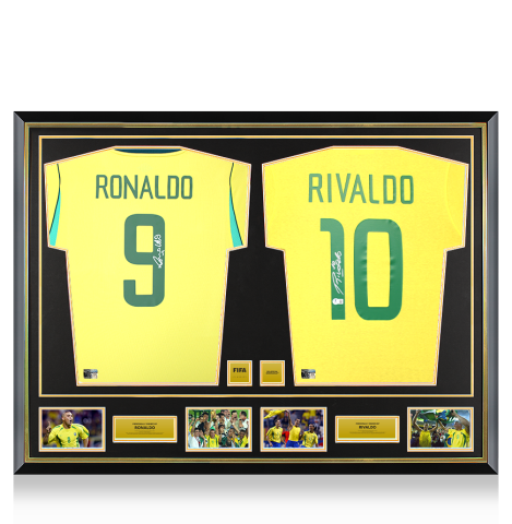 Ronaldo & Rivaldo Official FIFA World Cup™ Signed and Dual Framed Brazil Home Shirts