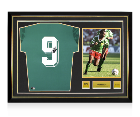 PRE-ORDER Roger Milla Official FIFA World Cup™ Back Signed and Hero Framed Cameroon Home Shirt