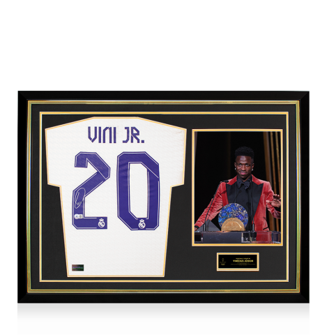 Vinicius Jr Official Ballon d'Or™ Back Signed and Hero Framed Real Madrid Modern Home Shirt: 2023 Sócrates Award Winner