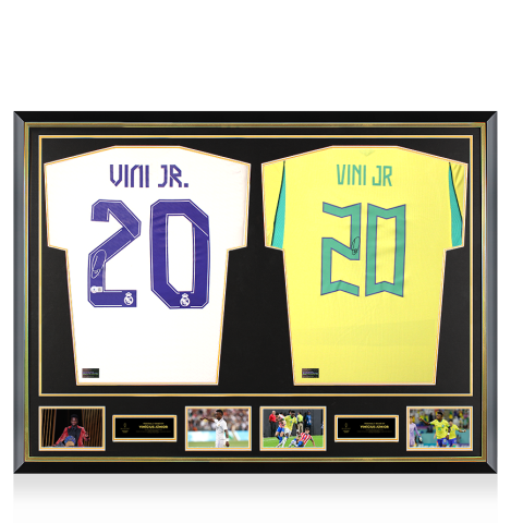Vinicius Jr Official Ballon d'Or™ Signed and Dual Framed Real Madrid and Brazil Shirts: 2023 Sócrates Award Winner