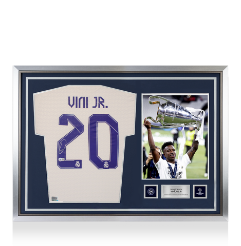 Vinicius Jr Official UEFA Champions League Back Signed and Hero Framed Real Madrid Modern Home Shirt