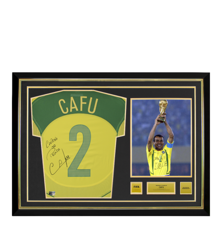 Cafu Official FIFA World Cup™ Back Signed and Hero Framed Brazil 2004 Reissue Home Shirt: Capitao Do Panta Inscription