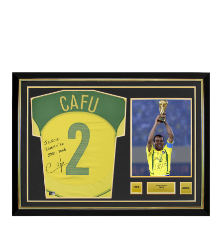 Cafu Official FIFA World Cup™ Back Signed and Hero Framed Brazil 2004 Reissue Home Shirt: Selecao Brasileira 1990-2006 Inscription