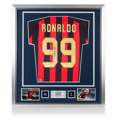 Ronaldo Official UEFA Champions League Back Signed and Framed AC Milan 1996 Retro Home Shirt