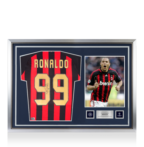 Ronaldo Official UEFA Champions League Back Signed and Hero Framed AC Milan 1996 Retro Home Shirt