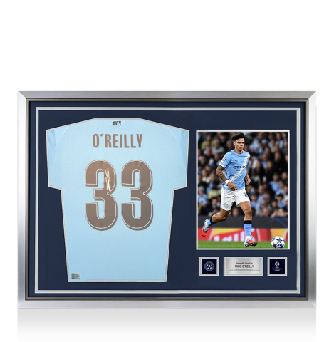 Nico O'Reilly Official UEFA Champions League Back Signed and Hero Framed Manchester City 2025-26 Home Shirt