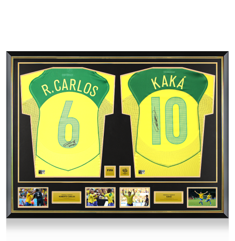 Roberto Carlos & Kaka Official 2006 FIFA World Cup™ Signed and Dual Framed Brazil Home Shirts