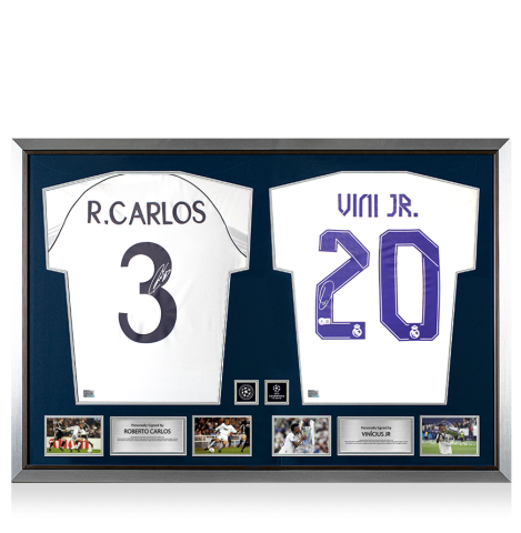 Roberto Carlos & Vinicius Jr Official UEFA Champions League Signed and Dual Framed Real Madrid CF Shirts