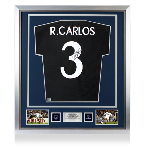 Roberto Carlos Official UEFA Champions League Back Signed and Framed Real Madrid 1999-2000 Reissue Away Shirt
