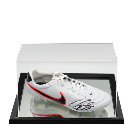Roberto Carlos Signed Nike Tiempo White Boot In Acrylic Case