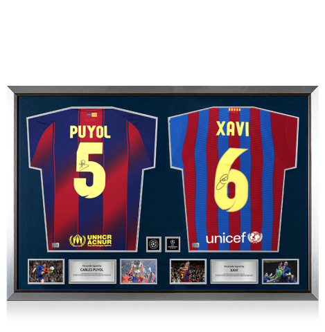 Carles Puyol & Xavi Official UEFA Champions League Signed and Dual Framed FC Barcelona Shirts