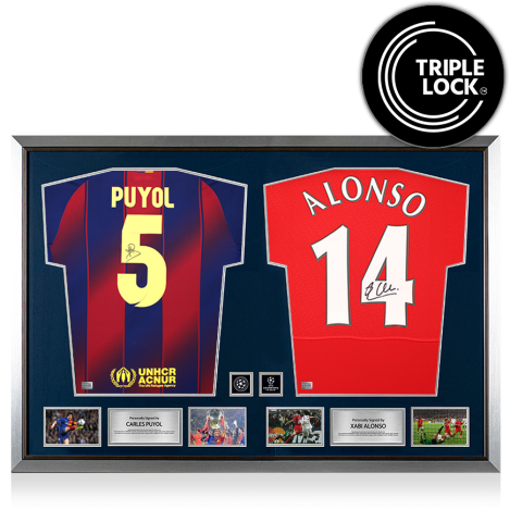 Carles Puyol & Xabi Alonso Official UEFA Champions League Signed and Dual Framed Barcelona and Liverpool Shirts