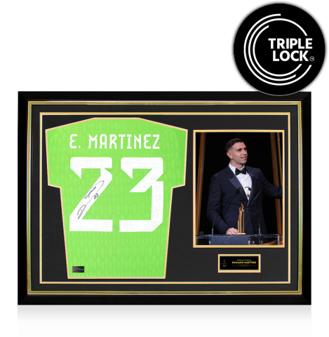 Emiliano Martinez Official Ballon d'Or™ Back Signed and Hero Framed Argentina 2022 Goalkeeper Shirt: 2023 Yachine Trophy Winner