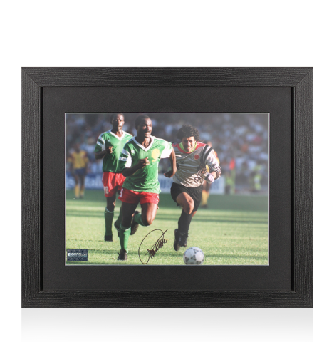 Roger Milla Signed Cameroon Photo In Black Wooden Frame: vs Rene Higuita