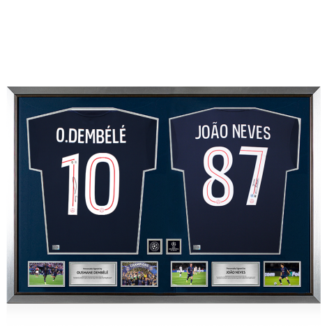 Ousmane Dembele & Joao Neves Official UEFA Champions League Signed and Dual Framed Paris Saint-Germain Shirts