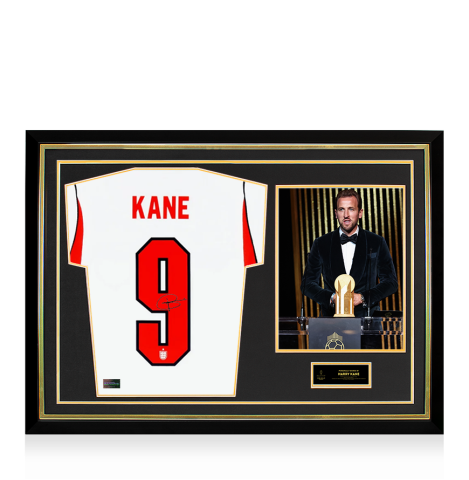 PRE-ORDER Harry Kane Official Ballon d'Or™ Back Signed and Hero Framed England 2026 Home Shirt: 2024 Gerd Müller Trophy Winner
