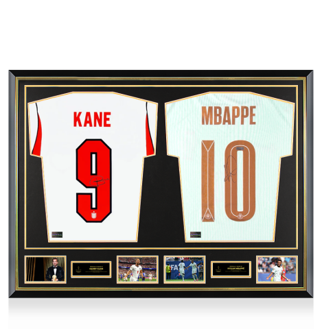 PRE-ORDER Harry Kane & Kylian Mbappe Official Ballon d'Or™ Signed and Dual Framed England and France Shirts