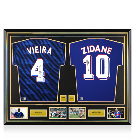 Patrick Vieira & Zinedine Zidane Official FIFA World Cup™ Signed and Dual Framed France Home Shirts